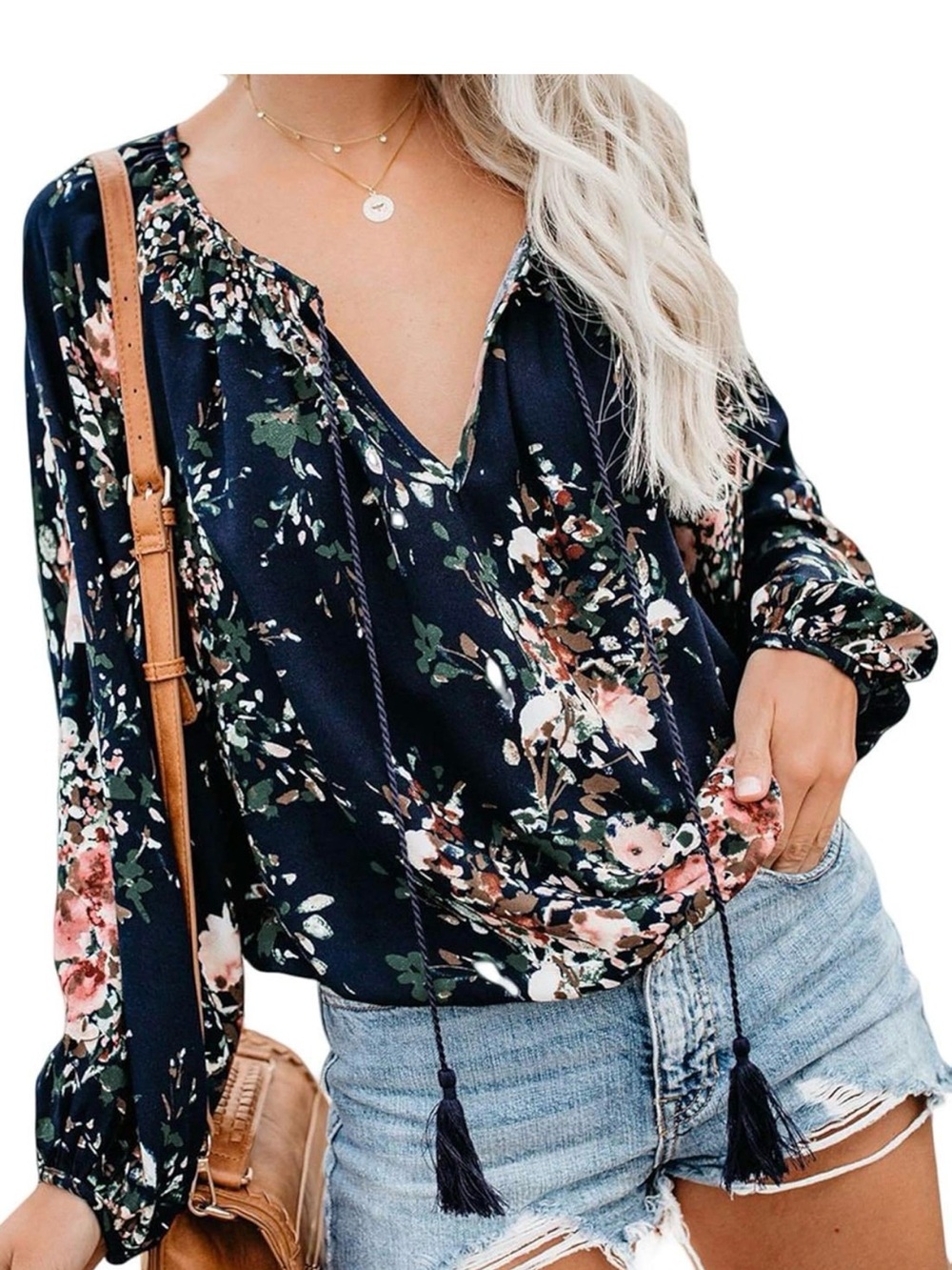 Women's Navy Floral Peasant Blouse